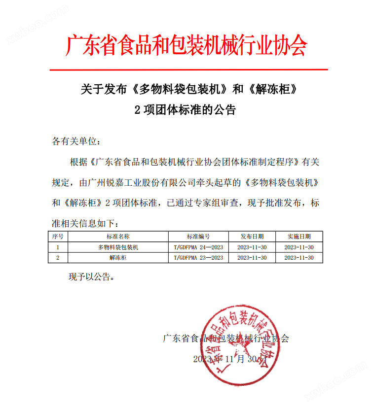 广东省食品和包装机械行业协会关于发布《多物料袋包装机》和《解冻柜》2项团体标准的公告(图1) 广东省食品和包装机械行业协会关于发布《多物料袋包装机》和《解冻柜》2项团体标准的公告(图1)
